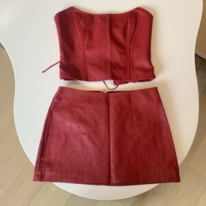 Edikted Deep Red Faux Leather Corset Top & Mini Skirt Set